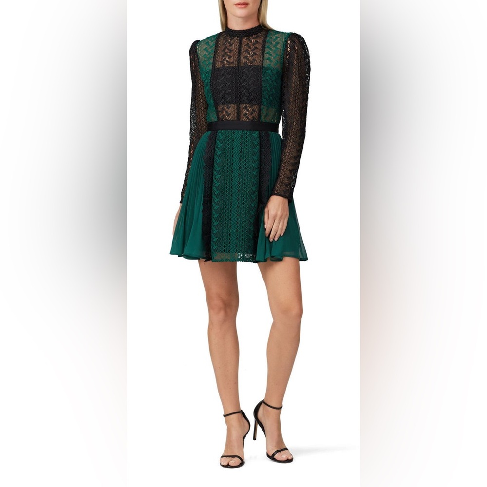SELF-PORTRAIT Green Black Long Sleeve Lace Mini Dress Size 4